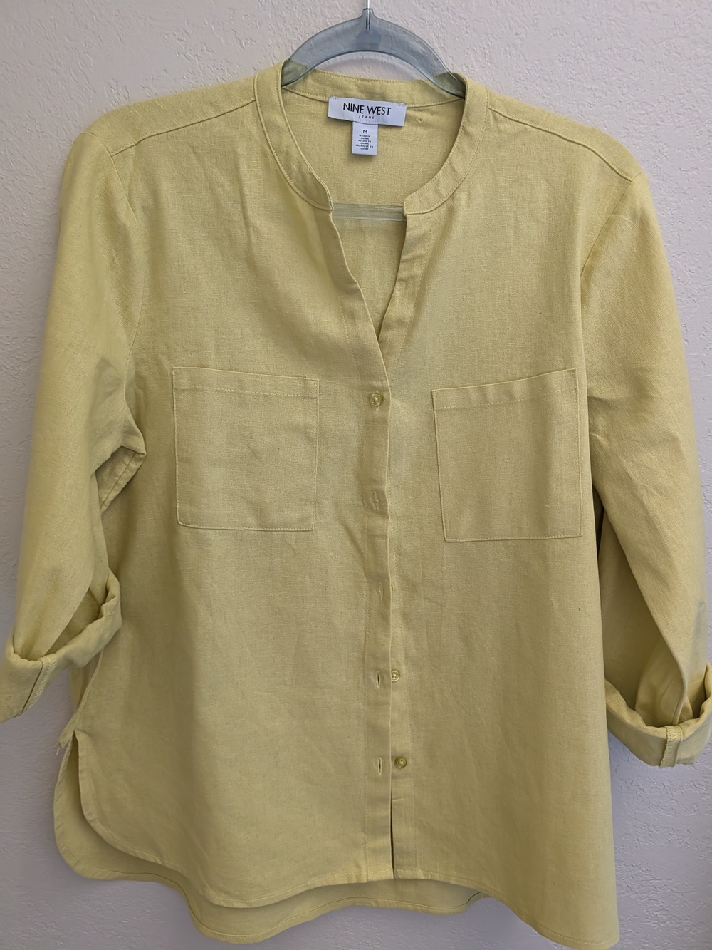 Nine West Women's Yellow Button-Front Collarless Shirt